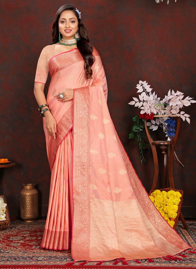 Katan Silk Peach Festival Wear Weaving Saree